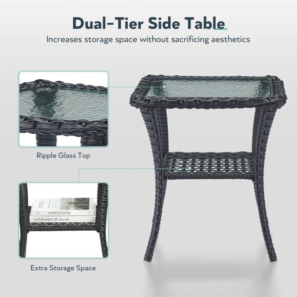 Outdoor Swivel Glider Rocker Chairs - 3 Piece Patio Furniture Set, Patio Bistro Sets with Tempered Glass Side Table, for Balcony, Porch - Black Wicker, Beige Cushion - Image 7