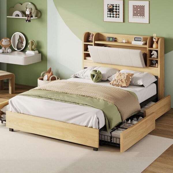 AMERLIFE Full Size Bed Frame with 4 Storage Drawers, Upholstered Bed Frame with 47.2" Bookcase Headboard, Wooden Platform Bed with Charging Station/No Box Spring Needed/Maple