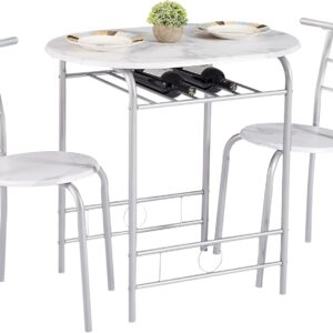 VECELO 3 Piece Small Round Dining Table Set for Kitchen Breakfast Nook, Wood Grain Tabletop with Wine Storage Rack, Save Space, 31.5", White & Silver