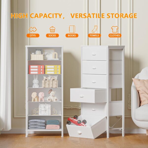 Furnulem White Tall Dresser for Bedroom,Vertical Storage Tower Unit and End Table with 6 Drawers, Nightstand Furniture with Fabric Drawer Organizer in Living Room,Closet,Entryway,Hallyway - Image 4