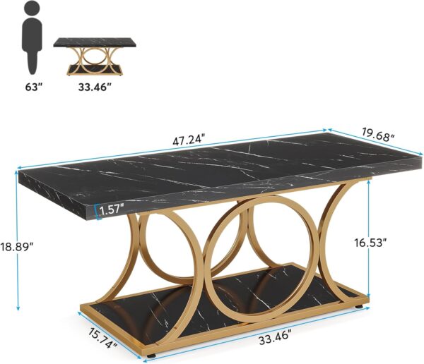 Tribesigns Rectangle Coffee Table, 47.24-inch Modern Coffee Tables for Living Room, 2-Tier Faux Marble Wood Coffee Table with Geometric Metal Legs, Furniture with Storage Shelf (Black & Gold) - Image 2