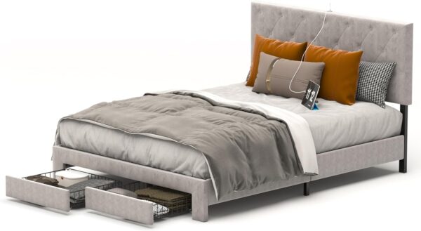 NSdirect Queen Size Bed Frame with Storage Drawer, Upholstered Velvet Platform Bed Frame with 2 Storage Drawers and Charging Station,Tufted Headboard, Grey Velvet - Image 6