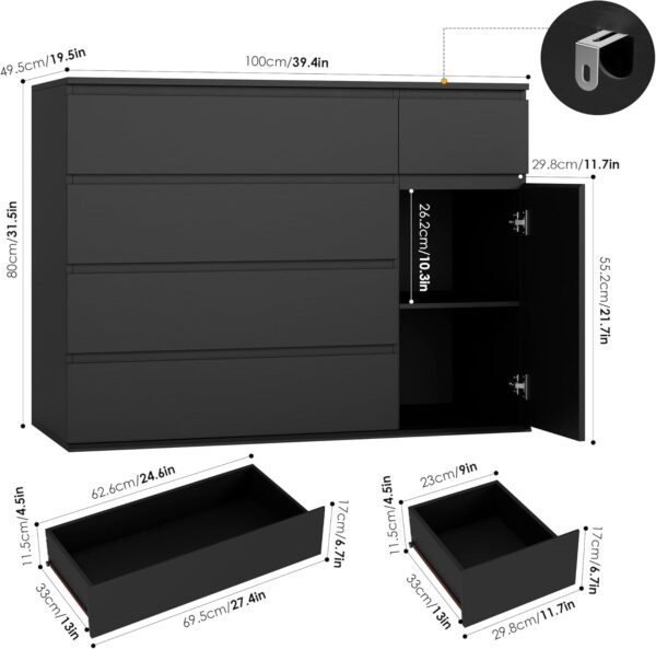 FOTOSOK 5 Drawer Dresser, Black Dresser Modern Dresser for TV Stand, Double Dresser Wide Storage Chests of Drawer with Door, Deep Drawers and Wide Storage Space - Image 3