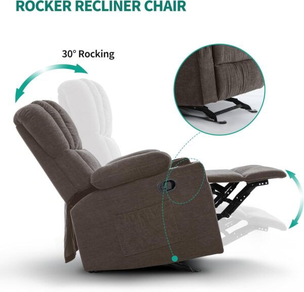 YITAHOME Glider Rocker Recliner Chair with Massage and Heat, Fabric Recliner Chair,Manual Rocking Recliner Chair with 2 Cup Holders, USB Charge Port and Side Pocket,Brown - Image 6