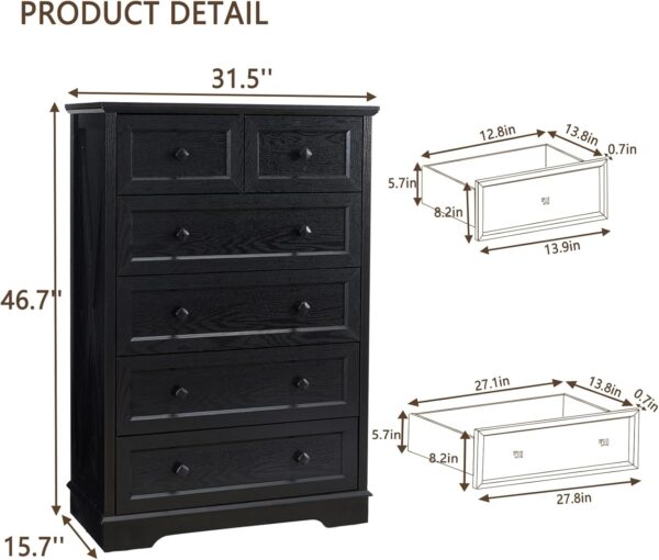 LDTTCUK 6 Drawer Dresser, Farmhouse Dresser Chest of Drawer for Bedroom, 48 Inch Tall Dresser, Wood Storage Chest of Drawers Storage Cabinet for Living Room, Entryway, Hallway, Black - Image 4