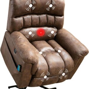 Phoenix Home Large Power Lift Recliner with Massage and Heat for Elderly, Heavy Duty & Safety Motor Reclining Chair, Faux Leather Electric Wider Recliner with USB Ports, 2 Side Pockets, Brown