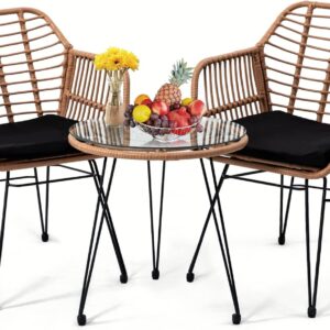 3 Pieces Wicker Patio Bistro Furniture Set, Includes 2 Chairs and Glass Top Table, Ideal for Porch, Outdoor, Backyard, Apartment, Balcony Natural Color