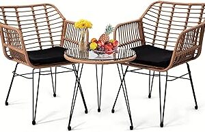 3 Pieces Wicker Patio Bistro Furniture Set, Includes 2 Chairs and Glass Top Table, Ideal for Porch, Outdoor, Backyard, Apartment, Balcony Natural Color