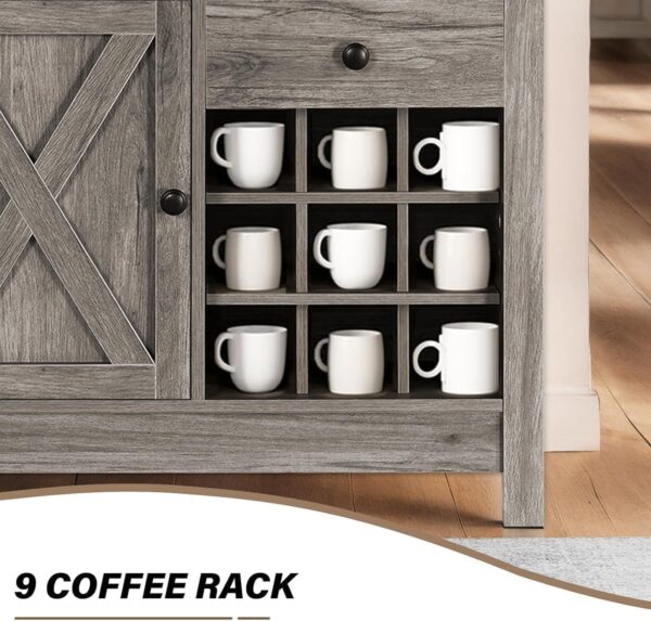 4ever2buy Farmhouse Coffee Bar Cabinet with Storage, 32 inch Coffee Bar Table with Barn Door and 9 Wine Racks, Coffee Bar Accessories with Drawer & Adjustable Shelf, Dining Living Room, Grey - Image 5