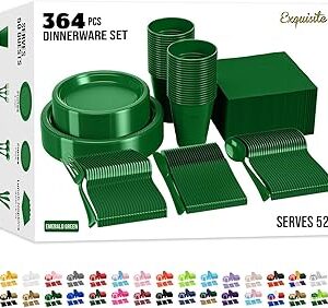 364 PCS Plastic Dinnerware Set Includes 52 Of Each 9" Green Plastic Dinner Plates | 7" Plastic Dessert Plates | 12 oz Plastic Cups | Green Napkins | Plastic Spoons, Forks & Knives Exquisite