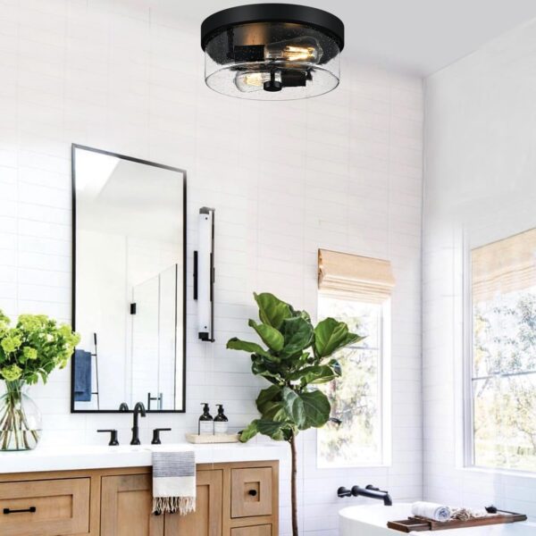 Black Flush Mount Ceiling Light Fixtures, 2-Light Ceiling Mount for Farmhouse with Seeded Glass Lampshade, Industrial Flush Mount Light Fixture Farmhouse for Hallway, Kitchen, Entryway and Foyer - Image 3