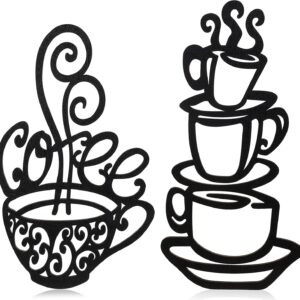 Jetec 2 Pieces Coffee Cup Wall Decor Black Coffee Cup Silhouette Wood Wall Art Cafe Themed Wall Art Cup Mug Scrolled Silhouette Metal Wall Art Decor for Coffee Shop, Kitchen, Restaurant