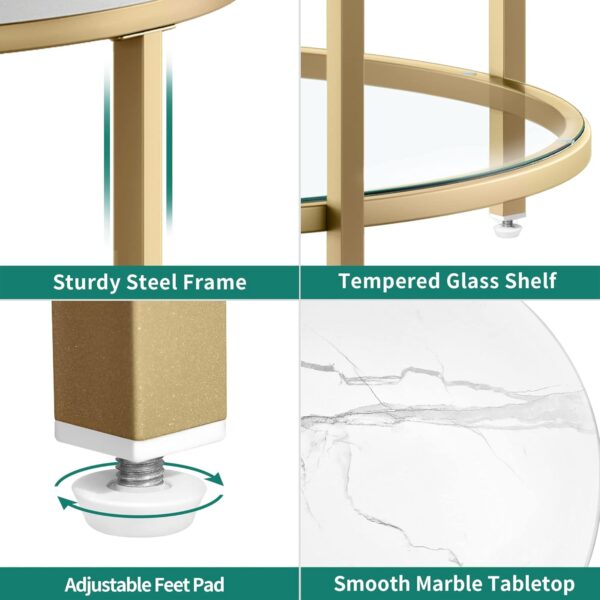 YITAHOME White Marble Round Coffee Table with Glass for Living Room, 2-Tier Circle Coffee Table with Storage Clear Coffee Table, Simple Modern Center Cocktail Table, White & Gold - Image 6
