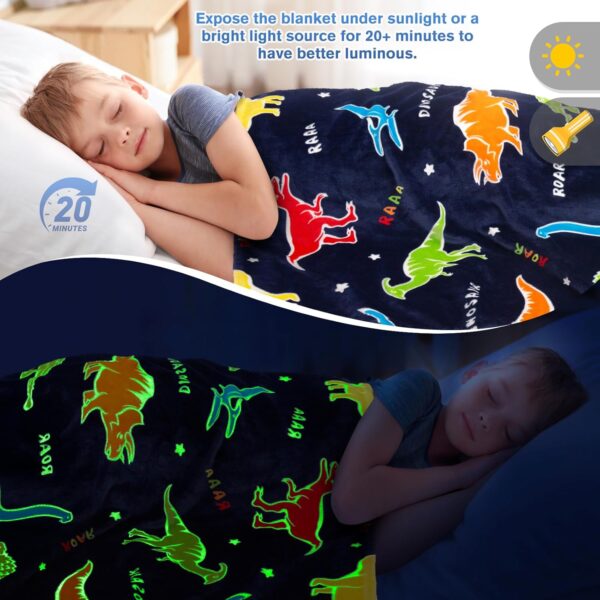 Dinosaur Gifts Toys for Boys Girls - Glow in The Dark Dino Blanket Best Christmas Birthday Valentine's Day Easter Presents for Kids Age 1 2 3 4 5 6 7 8 9 10 Year Old Child Teen Soft Throw 50"x60" - Image 4