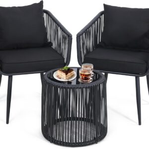 Kromax 3 Pieces Patio Rattan Bistro Conversation Set, Outdoor All-Weather Wicker Furniture Chairs and Side Table Set Ideal for Balcony, Porch and Backyard, Black