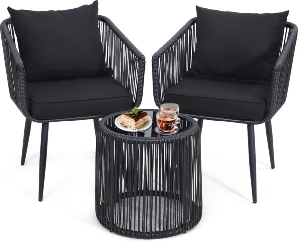 Kromax 3 Pieces Patio Rattan Bistro Conversation Set, Outdoor All-Weather Wicker Furniture Chairs and Side Table Set Ideal for Balcony, Porch and Backyard, Black