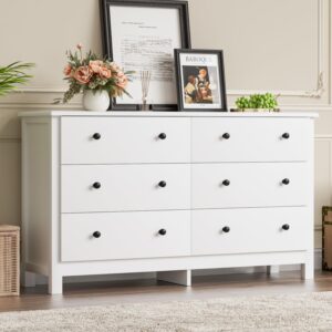 White Dresser, Modern 6 Drawer Double Dresser for Bedroom Adults & Kids with Black Pulls, Wide Dressers & Chests of Drawers, 6 Drawer Dressers