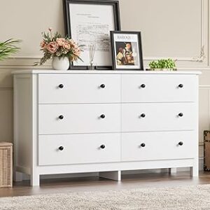 White Dresser, Modern 6 Drawer Double Dresser for Bedroom Adults & Kids with Black Pulls, Wide Dressers & Chests of Drawers, 6 Drawer Dressers