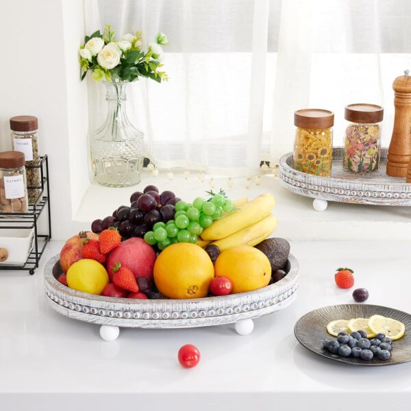 Wooden Decorative Tray-16×11.8" Oval Coffee Table Tray Kitchen Dining Table Centerpiece Decoration Holder Tray,Whitewashed Beaded Farmhouse Tray for Home Easter Thanksgiving Table Decor - Image 5