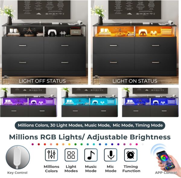 AOGLLATI Black Dresser for Bedroom with 4 Drawers,Dressers & Chests of Drawers with Column Design & Charging Station, Modern Bedroom Led Long Dresser for Bedroom Closet - Image 3