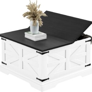 Farmhouse Coffee Table with Storage, Square Center Table for Living Room, Rustic, Hinged Lift Top Soft Close, Wood, Large Hidden Storage, Modern, Metal Corner, White Black