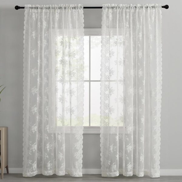 Kotile Short Lace Curtains 36 Inch Length 2 Panels Set, Country Rustic Floral Lace Kitchen Window Curtains Over Blinds, Rod Pocket Privacy Vintage Sheer Lace Café Curtains, Each 52 x 36 Inch, Ivory - Image 7