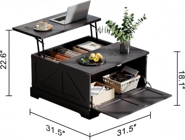 ChooChoo Farmhouse Coffee Table with Hidden Storage, Large Square Center Coffee Table with Lifting Top and Flip Drawer, Wood Rustic Cocktail Coffee Table for Living Room, Black - Image 2