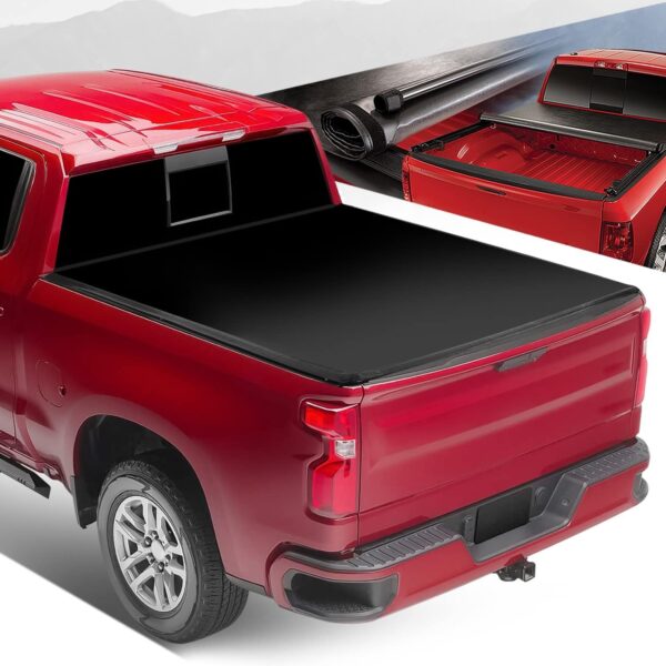 Auto Dynasty Soft Roll-up Truck Bed Tonneau Cover Compatible with Chevy Silverado GMC Sierra 1500 5.8Ft Fleetside/Styleside Bed 2007-2018, Matte Black