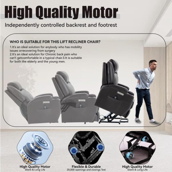 Power Lift Chair for Elderly,PU Leather Electric Recliner w/Massage and Heating, 3 Positions, Side Pockets and Cup Holders, USB Ports, Remote Control, Motorized Home Theater Seat, Brown - Image 3