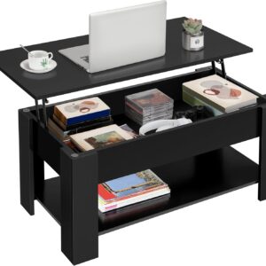 Yaheetech Wooden Coffee Table, Lift Top Coffee Table with Large Hidden Storage Shelf, Lift Tabletop Dining Table for Living Room, Home Small Space, 38.6in, Black