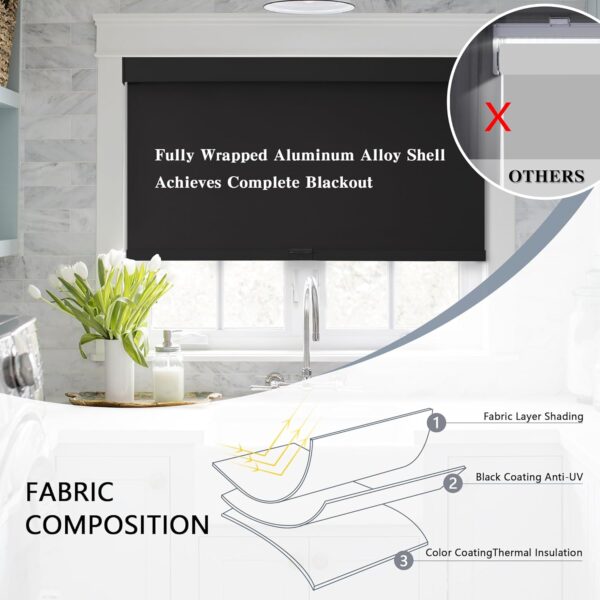 AOSKY 100% Blackout Roller Shades Cordless Blinds for Windows, Free-Stop Shades with Valance, Thermal Insulated Fabric, UV Protection, Natural Woven Blinds for Home and Office (20" W x 72" H, Black) - Image 4