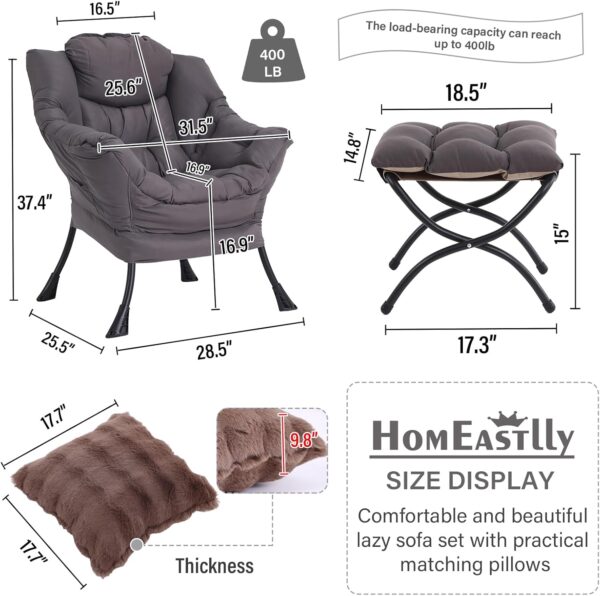 Large Lazy Chair with Ottoman, Accent Reading Chair with a Throw Pillow, Cozy Lounge Chair with Armrest, Leisure Sofa Chair for Living Room, Bedroom, Dorm, Dark Grey - Image 3