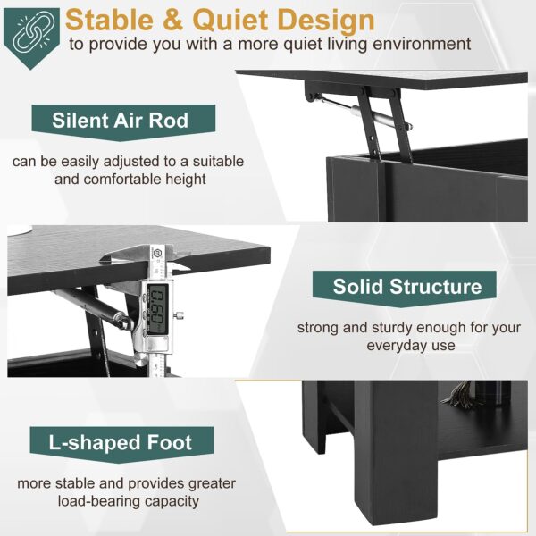 PayLessHere Coffee Table Lift Top Coffee Tables with Hidden Compartment and Storage Shelf Wooden Lift Tabletop Dining Table for Living Room Home (Black, 39" D x 28" W x 24" H) - Image 7