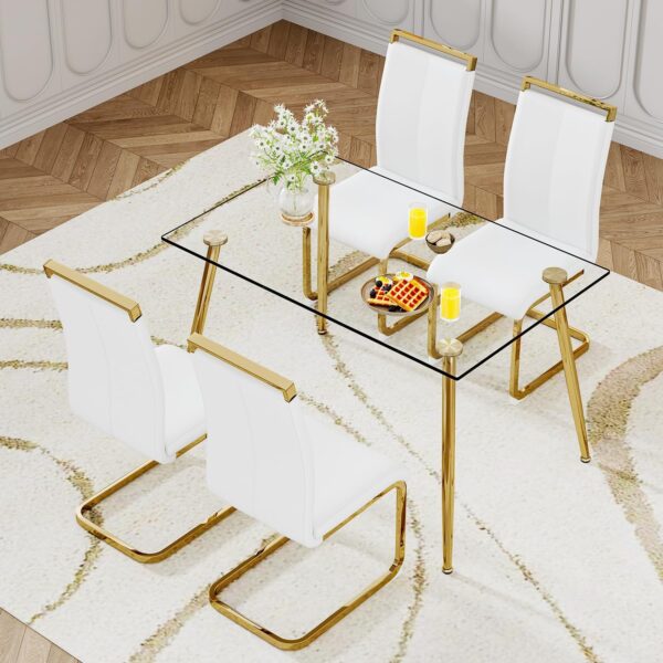 Ebullient Glass Dining Table Set for 4,5 Piece Dining Table and Chairs Set，Modern Kitchen Dining Room Table with 4 White PU Leather Dining Chairs,0.31” Tempered Glass Table Top with Gold Metal Legs - Image 3