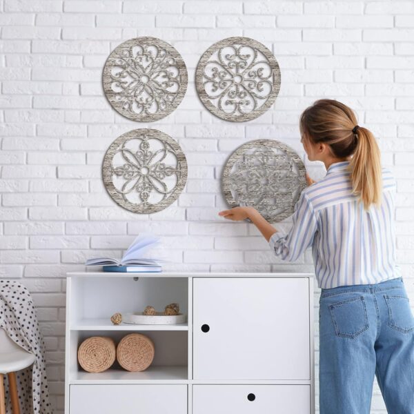 Yulejo 4 Pcs Thicken Rustic Wall Decor Farmhouse Wall Art Wooden Hollow Carved Design Decor Rustic Round Wall Art for Living Room Bedroom Hallway Decor Kitchen Wall (Retro White,9.8 x 9.8 Inch) - Image 2
