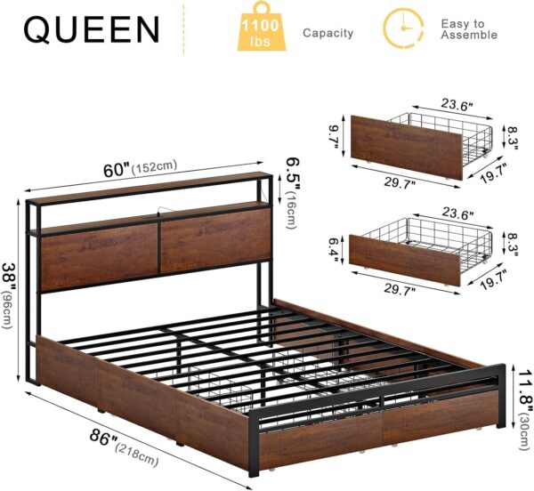 Queen Bed Frame with Storage Headboard and 4 Drawers LED Lights Metal Platform Non-Slip Without Noise Mattress Foundation Strong Metal Slats Support No Box Spring Needed - Image 2