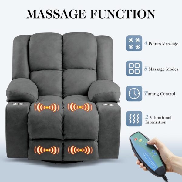 Oversized Swivel Rocking Recliner Chairs for Adults, Lazy Boy Reclining Glider with Cup Holder and Massage,Wide Fabric Rocker Single Sofa for Living Room Bedroom, Dark Grey - Image 5
