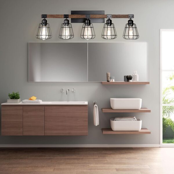5 Lights Modern Wall Lighting Over Mirror,Bathroom Vanity Light Fixtures,Farmhouse Black Wood Metal Cage Industrial Wall Sconce - Image 6