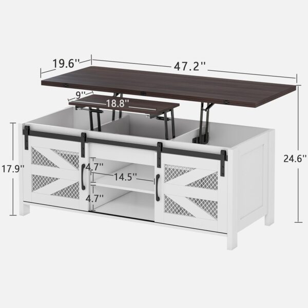wanan 47.2" Lift Top Coffee Table, 4 in 1 Farmhouse Coffee Table with Sliding Barn Doors, Coffee Tables for Living Room, Dining Room (Grey) - Image 3