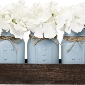 Mkono Mason Jar Centerpiece Decorative Wood Tray with 3 Painted Jars Artificial Flowers Rustic Country Farmhouse Fall Decor for Coffee Table Dining Room Living Room Kitchen