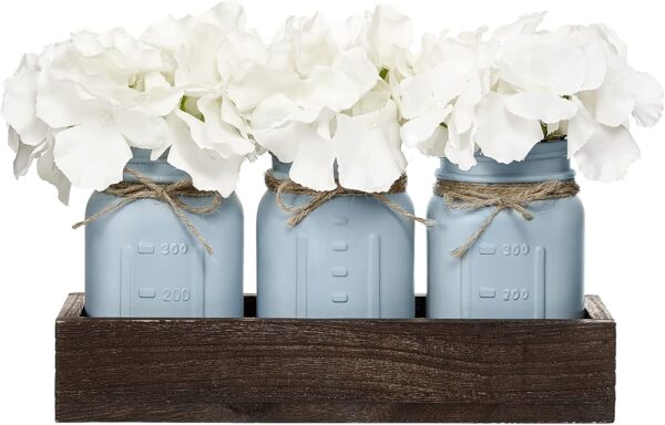 Mkono Mason Jar Centerpiece Decorative Wood Tray with 3 Painted Jars Artificial Flowers Rustic Country Farmhouse Fall Decor for Coffee Table Dining Room Living Room Kitchen