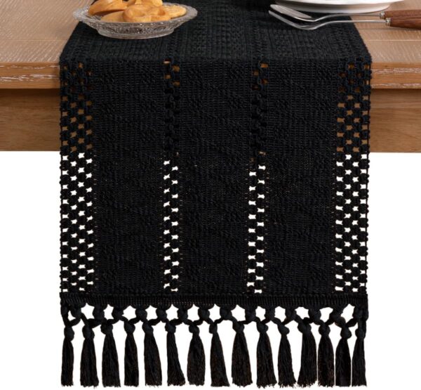 Socomi Fall Boho Table Runner Macrame 36 Inches Woven Cotton Linen Rustic Table Runner with Handmade Tassels for Home Decor Dining Room Fall Thanksgiving Christmas 12x36 inches Black - Image 2