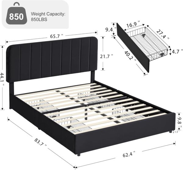VECELO Queen Size Upholstered Bed Frame with 4 Drawers and Adjustable Headboard, Velvet Platform Storage Bedframe Mattress Foundation, Wooden Slats Support, No Box Spring Needed, Black - Image 2
