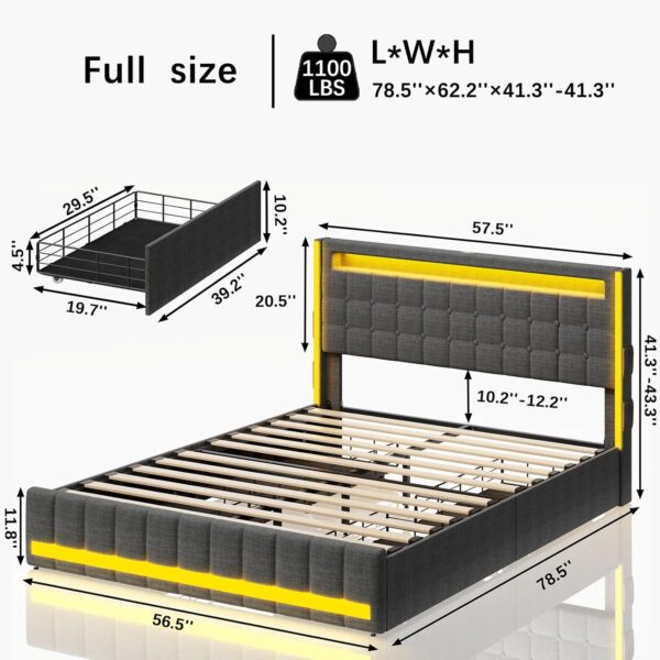 Upholstered Full Size Bed Frame with 4 Storage Drawers,RGB LED Light,Charging Station,Adjustable Headboard,Slats Support,Square Stitched Button Tufted,No Box Spring Needed,Dark Gray - Image 2