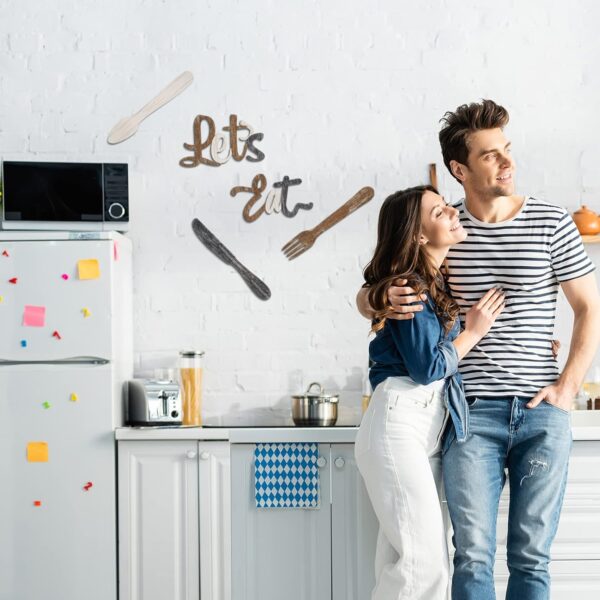 Jetec 5 Pcs Let's Eat Sign Kitchen Wall Decor Fork Spoon Knife Kitchen Decor Sign Rustic Farmhouse Wooden Eat Sign for Kitchen Home Dining Room Bar Cafe Restaurant(Brown, Beige, Dark Gray) - Image 4