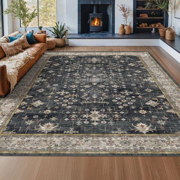 Dining Room Rugs for Under Table - Black Rug for Living Room, Soft Low Pile Carpet for Bedroom, Washable 8x10 Area Rug - Modern Boho Design, Non-Slip Rug Perfect for Cozy Spaces (8x10 Charcoal/Black)
