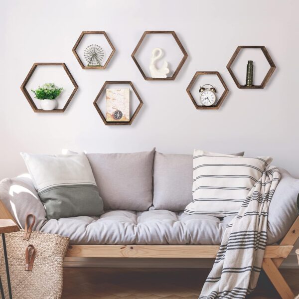 Hexagon Floating Shelves Set of 6 Farmhouse Honeycomb Wall Storage Shelf Wood Display Hexagonal Shelves Wall Mounted Hanging Rustic Shelf Racks for Bedroom Living Room Hallway Office Decor, Brown - Image 2