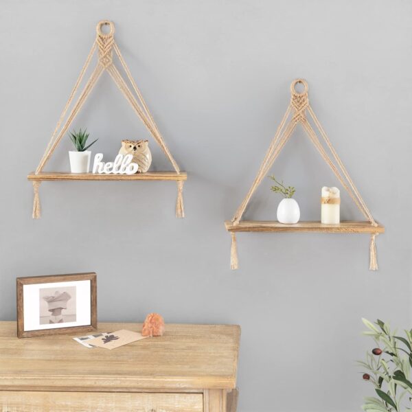 Mkono Macrame Hanging Shelves Boho Wall Decor Set of 2 Rustic Wood Floating Storage Shelf for Bedroom Bathroom Living Room Nursery Dorm Room, Display Shelving for Hanging Plants Photos, Brown - Image 4