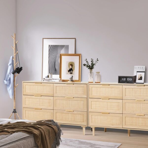 Rattan Dresser for Bedroom, Modern 6 Drawer Double Dresser with Gold Handles, Wood Storage Chest of Drawers fo Bedroom,Living Room,Hallway (Natural) - Image 4