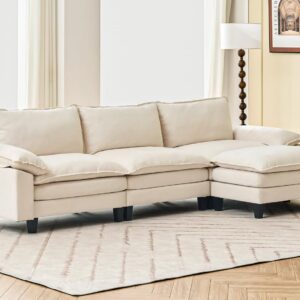 118" 3 Seat Cloud Couches for Living Room, L Shaped Sectional Couch with Ottoman, Modular Sectional Sofa for Apartment, Beige
